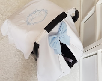 White Baby Car Seat Cover Boy with Blue Name Embroidery , Personalized Carseat Canopy Cover Baby Boy , Baby Shower Gift for Boy