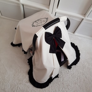 Personalized Baby Car Seat Cover / Custom Baby Car Seat Canopy / Light Cream with Black Ruffle and Embroidery / Baby Shower Gift