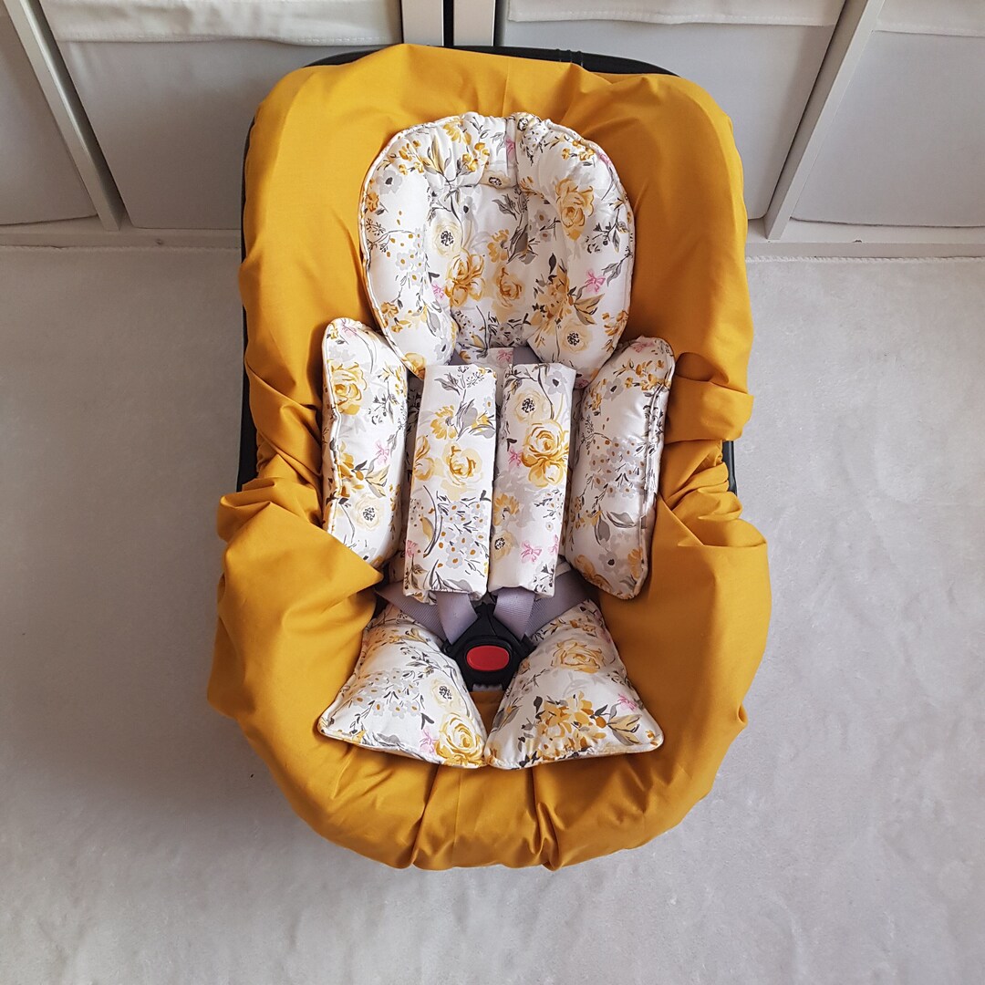 Mustard Yellow Floral Girl Baby Car Seat Canopy Cover Set , Baby