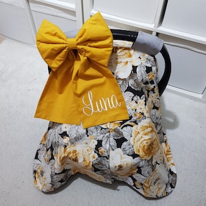 Floral Baby Car Seat Cover Girl , Personalized Car Seat Cover Baby Girl , Gray and Mustard Colors , Baby Shower Gift for Baby Girl