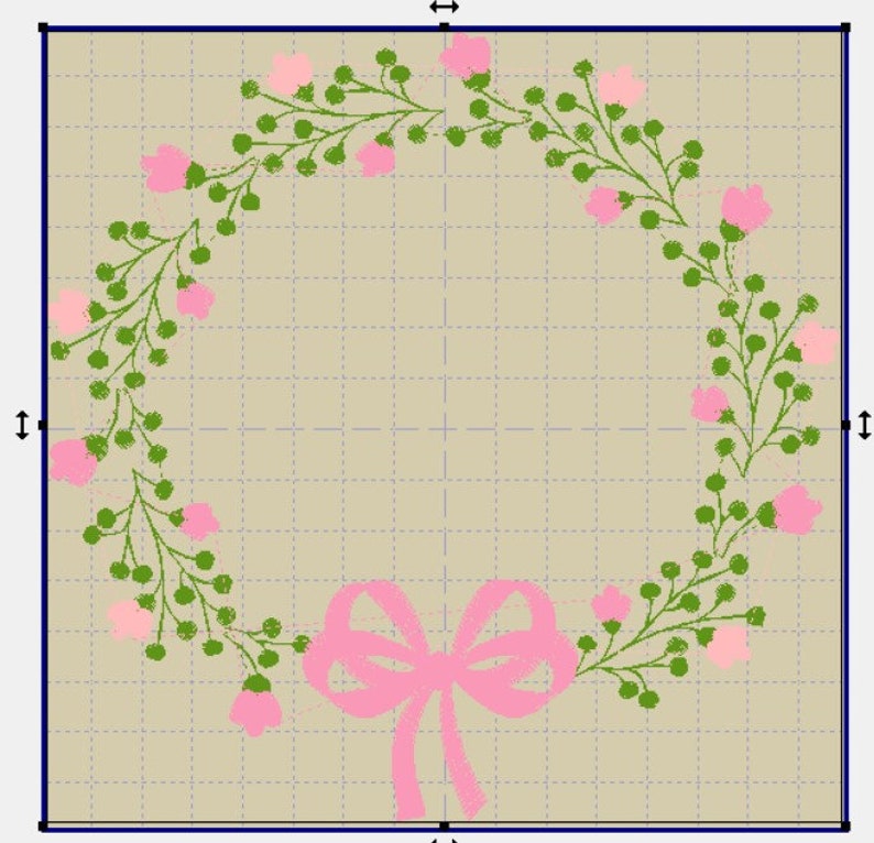 May include: A digital illustration of a floral wreath with pink flowers and a pink bow at the bottom. The wreath is composed of green stems and leaves, with pink flowers evenly spaced around the circle. The background is a light beige color.