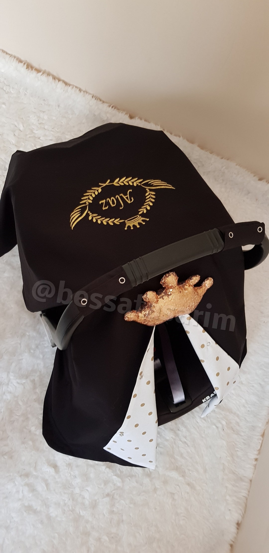 Baby Car Seat Canopy Boy , Black Carseat Cover Baby Boy With Gold Name