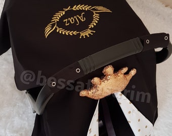Baby Car Seat Canopy Boy , Black Carseat Cover Baby Boy with Gold Name Embroidery , Gold Sequin Crown , Baby Shower Gift for Boy