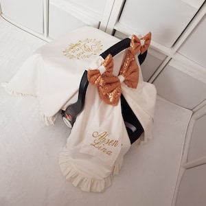 Personalized Light Cream Baby Carseat Cover Girl with Ruffle , Custom Baby Carseat Cover Girl with 3 Gold Sequin Bows , Gold Name Embroidery