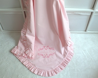 Light Baby Pink Blanket Baby Girl with Ruffle , Personalized Custom Girl Baby Blanket with Rose Embroidery , %100 Organic Cotton Fabric