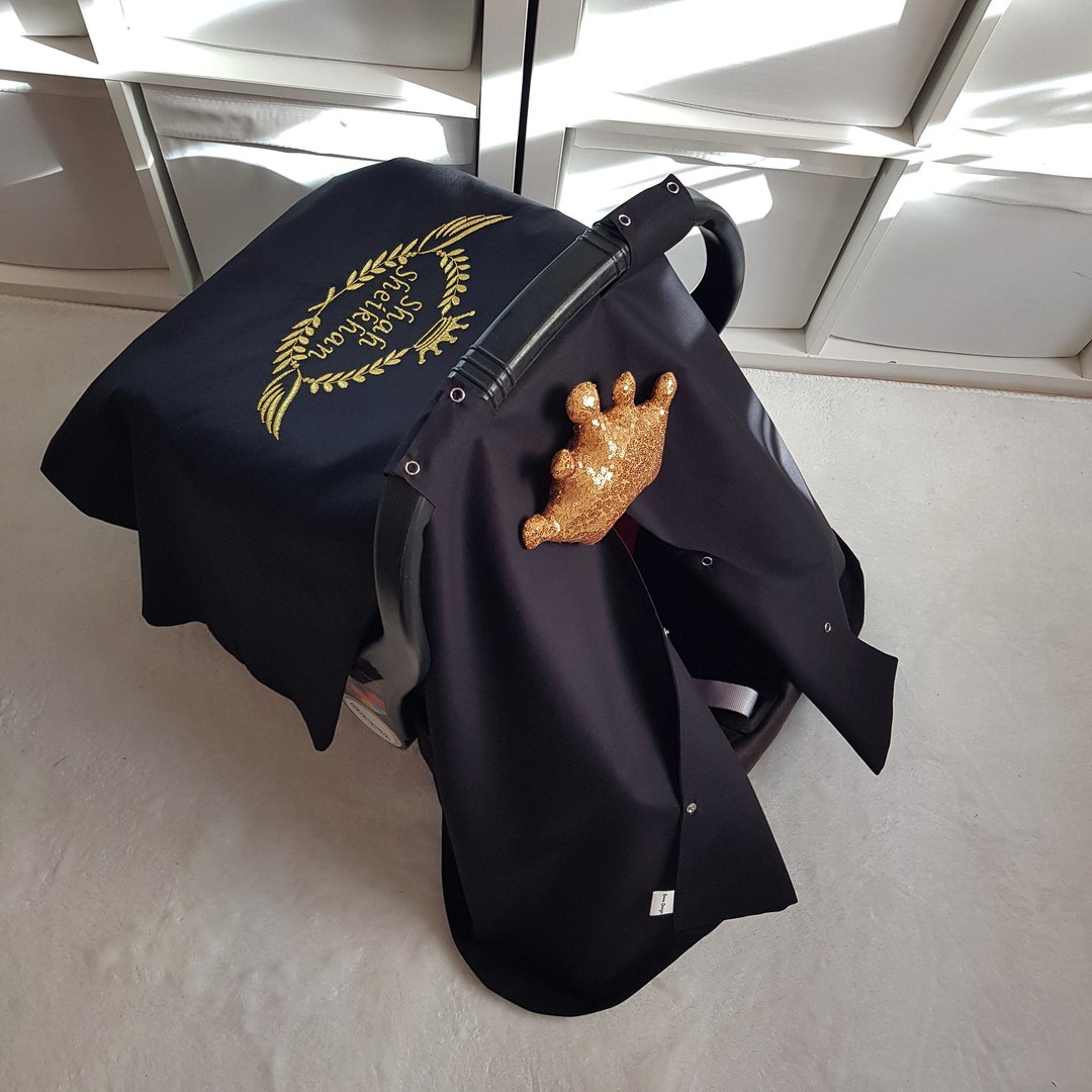 Black Baby Carseat Cover Boy With Gold Embroidery and Sequin Crown