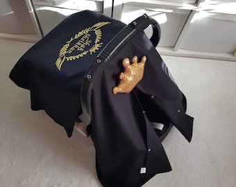 Black Baby Carseat Cover Boy with Gold Embroidery and Sequin Crown , Personalized Baby Car Seat Canopy Boy , Baby Shower Gift for Boy