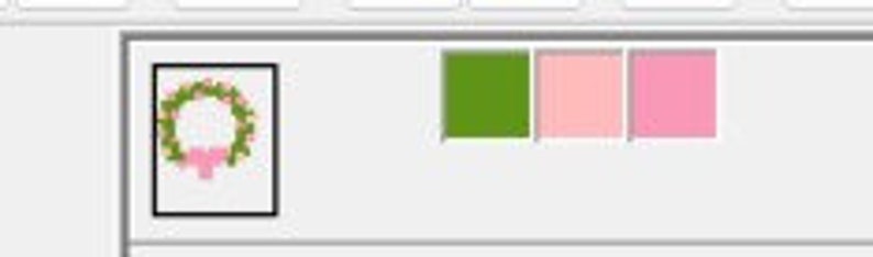 May include: A small image of a wreath with green leaves and a pink bow. Next to it are color swatches: green, light pink, and pink.
