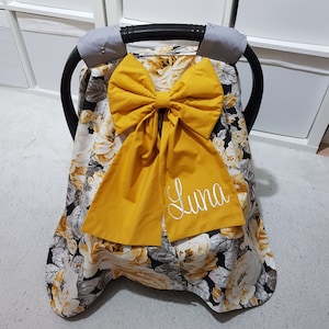 Personalized Baby Carseat Cover Girl / Gray and Mustard Yellow Baby Carseat Canopy Girl / White Name Embroidery Bow / Custom Gift for Baby