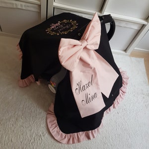 Black and Blush Pink Baby Car Seat Cover Girl with Ruffle , Custom Baby Carseat Canopy Girl , Floral Name Embroidery , Girl Baby Shower Gift