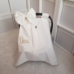 Light Cream Baby Car Seat Cover Girl , Custom Baby Car Seat Canopy Girl , Gold Name Embroidery , Baby Shower Gift for Baby Girl