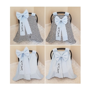 Baby Car Seat Cover Boy / Baby Carseat Canopy Boy / Black and Blue / Name Embroidery / Two Sided / Baby Shower Gift For Baby Boy