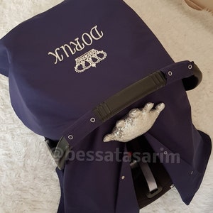 Personalized Baby Car Seat Cover Boy , Navy Blue Carseat Canopy Baby Boy with Silver Name Embroidery and Sequin Crown , Baby Shower Gift Boy