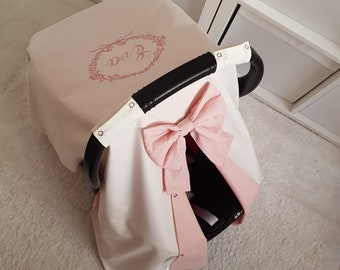 Light Cream and Blush Pink Carseat Cover Baby Girl , Personalized Car Seat Canopy Cover Girl with Name Embroidery and Bow , Baby Girl Gift