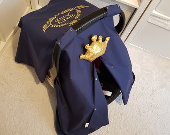 Personalized Navy Blue Baby Car Seat Cover Boy , Custom Baby Carseat Canopy Boy with Gold Crown and Name Embroidery , Baby Shower Gift Boy