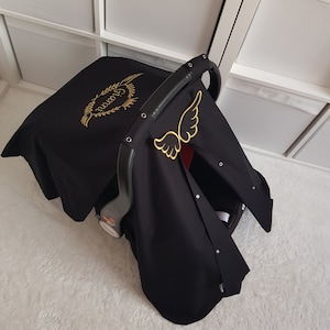 Black Car Seat Cover Baby Girl and Boy , Custom Carseat Canopy with Gold Name Embroidery , Baby Shower Gift Boy and Girl