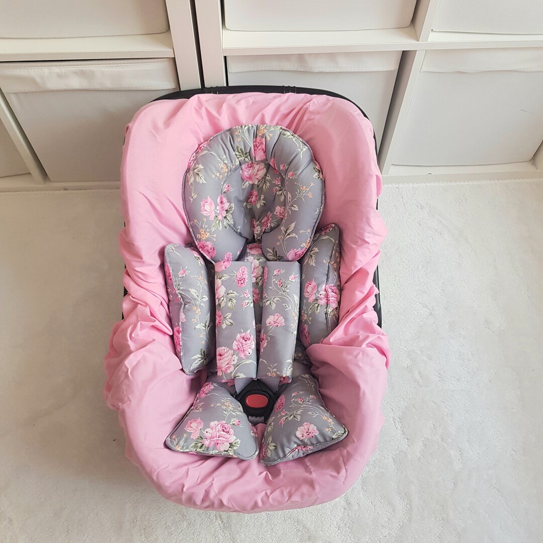 Gray and Pink Colors Girl Baby Car Seat Canopy Cover Set, Baby Carseat