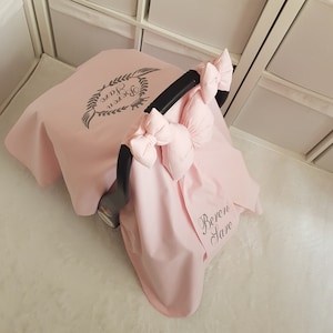 Personalized Baby Car Seat Cover Girl , Car Seat Canopy Baby Girl , Light Baby Pink Color with Gray Embroidery , 3 Fluffy Bows