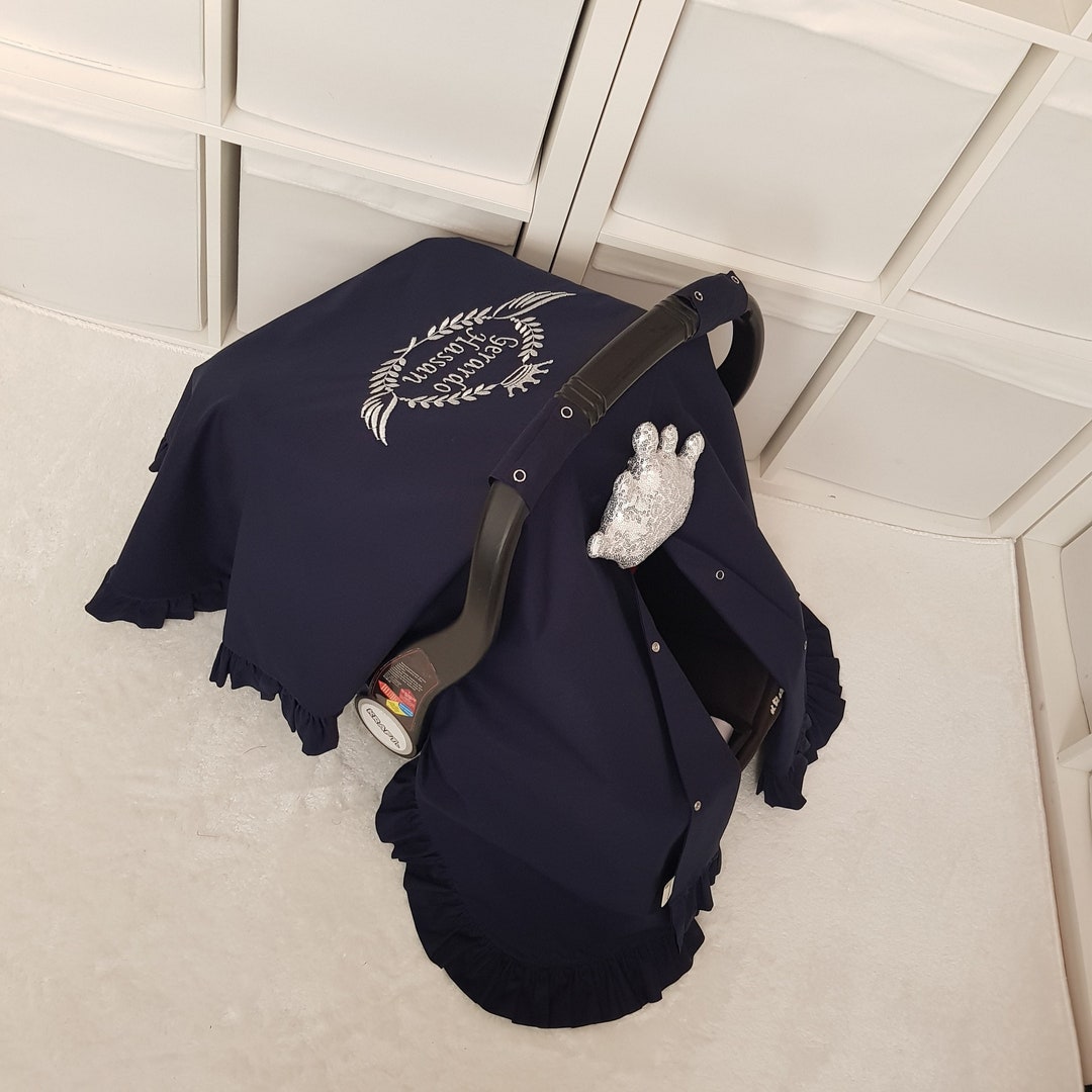Navy Blue Custom Baby Carseat Cover Boy With Ruffle , Personalized Baby