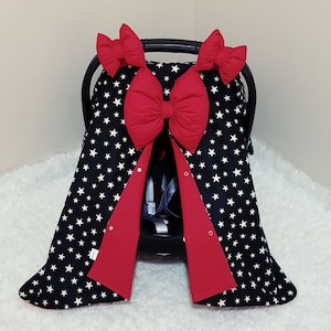 Baby Car Seat Canopy Girl , Girl Baby Car Seat Cover , Black and Red Colors , 3 Fluffy Bows , Girl Baby Shower Gift