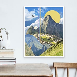 Machu Picchu Print, Mountain wall art, Collage art, Surrealism, Peru print, Contemporary wall decor