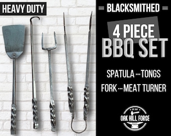 Blacksmithed BBQ Tool Set, Hand Forged Barbecue Spatula and Meat Turner, Metal Grilling Spatula Fork, Blacksmith Grill Tools, BBQ gift