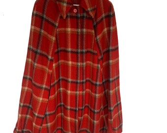 Ladies Vintage Wool Cape Red Plaid Long Retro Preppy Small UK Size 10