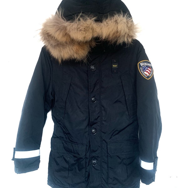 Parka vintage Blauer pour femme, manteau en duvet d'oie, capuche en fourrure de raton laveur, noir moyen, Royaume-Uni 12