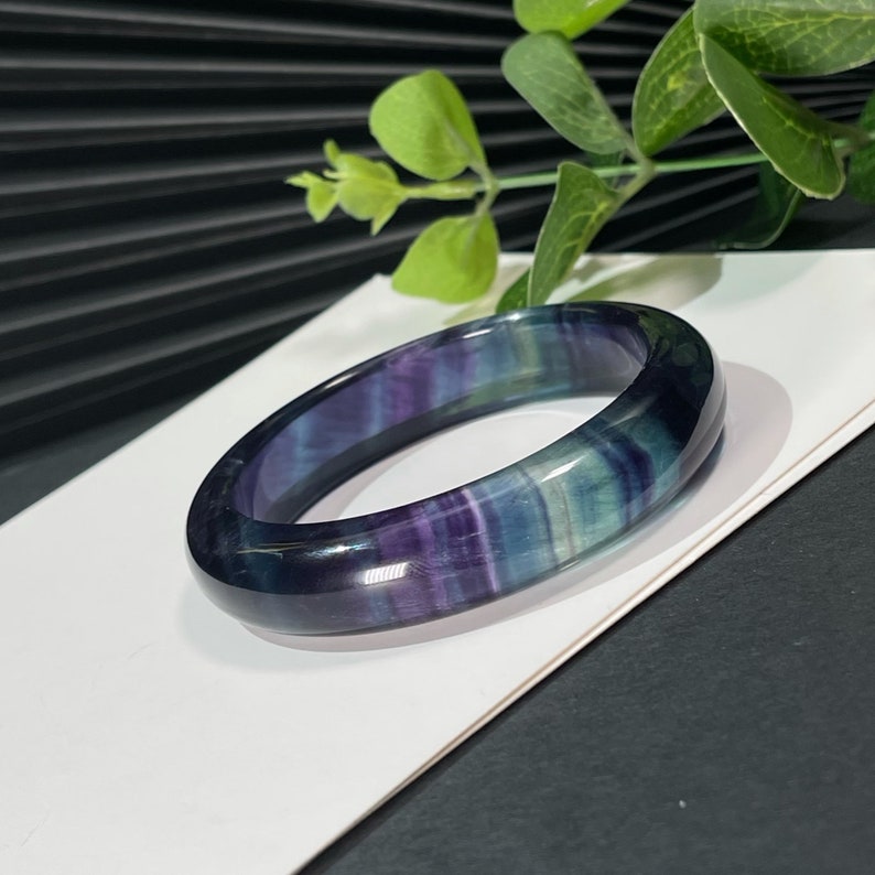 Rare High Grade Translucent Fluorite Bangle Bracelet 61+MM Solid Carved Multicolor Crystal Blue Purple Gradient Special Chakra Gift for Her