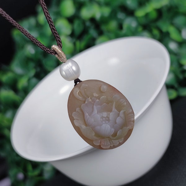 Exquisite Yanyuan Agate Oval Pendant Necklace Matte Pink Green Hand Carved Peony Wealth Happiness Relieve Stress Courageous Gift for Her