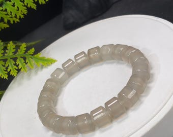 Gray Green Agate Beaded Bracelet: Icy Transparent Straight Cut Barrel Beads Sand-like Inclusions