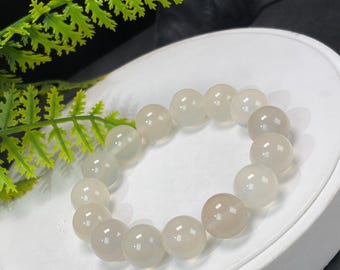 White Agate Beaded Bracelet: 14mm Icy Translucent