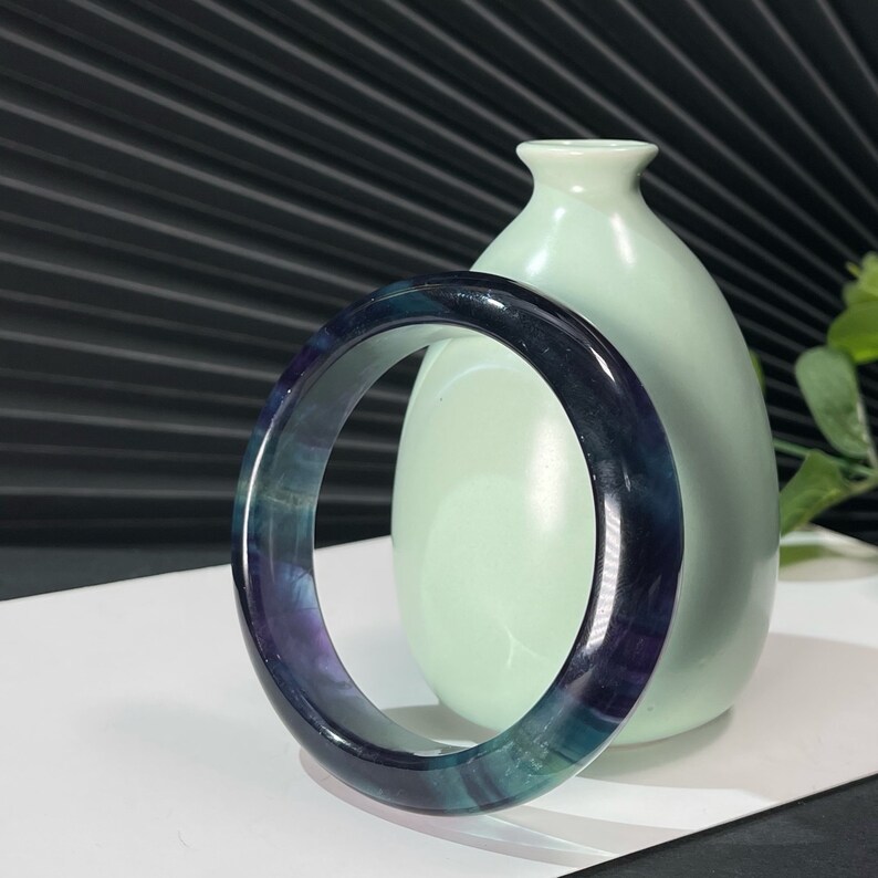 Rare High Grade Translucent Fluorite Bangle Bracelet 61+MM Solid Carved Multicolor Crystal Blue Purple Gradient Special Chakra Gift for Her