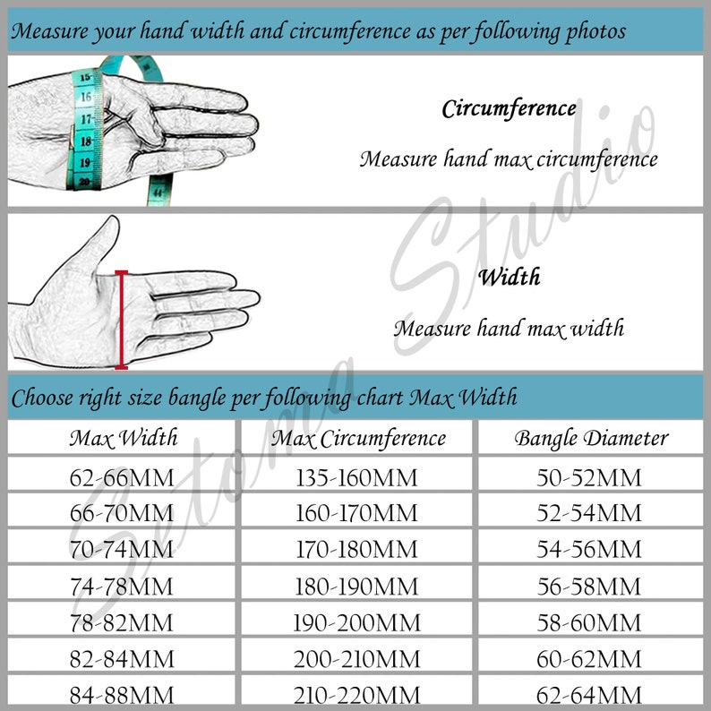 Puede incluir: Un gr&aacute;fico que muestra c&oacute;mo medir el ancho y la circunferencia de la mano para determinar el tama&ntilde;o correcto del brazalete. El gr&aacute;fico incluye medidas en mil&iacute;metros para el ancho de la mano, la circunferencia y el di&aacute;metro del brazalete.