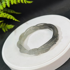Excellent Xiuyan Jade Bangle 60MM High Icy Hand Carved Twin Chinese Dragons Twist Gradient Grey Green Jade Bracelet Auspicious Gift for Her