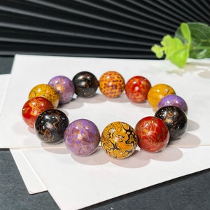 Natural Oriental Raw Lacquer Beaded Bracelet, 18mm Multi Colors Large Round Beads Bracelet, Pearls Inlaid Wood Women Men Bracelet, Gifts