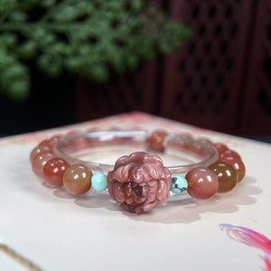 Exquisite Pink-orange Crystallization Alxa Agate Beaded Stretch Bracelet 9mm Hand Carved Two Color Peony Gobi Desert Chalcedony Gift for Her