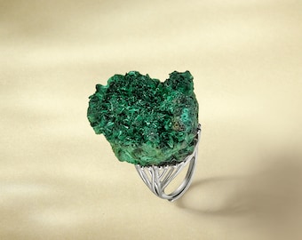 Unique Raw Malachite Adjustable Ring Freeform Green Mineral Specimen Silver S925 Vintage Handmade Confidence Protection Charm Gift for Her