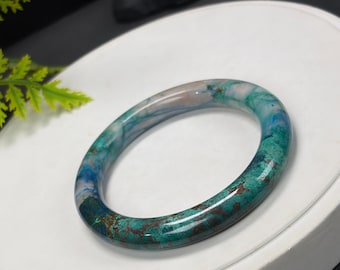 Brazalete de crisocola americana raro: 53 mm, cristalización azul verdosa, estilo pintura al óleo, redondo.