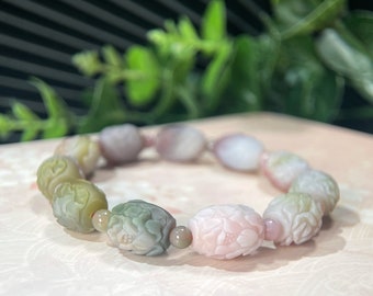 Excellent Yanyuan Agate Matte Barrel Beaded Stretch Bracelet Certificated Hand Carved Butterfly Peony Gradient Multicolor Gift for Her