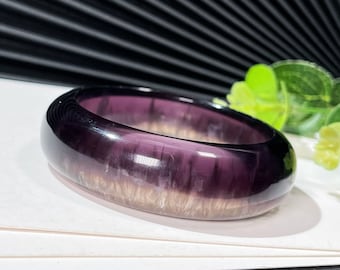 Pulsera rígida de fluorita púrpura imperial ultrarrara de 58 mm, transparente, con degradado de dos colores y diseño de cornucopia. Pulsera de cristal para el cabello. Regalo para la limpieza del aura.