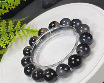 Natural Black Landscape Agate Beaded Bracelet: 15mm Icy Translucent Cornucopia