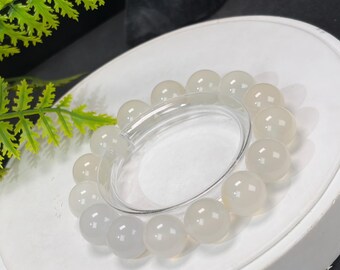 White Agate Beaded Bracelet: 14mm Icy Translucent