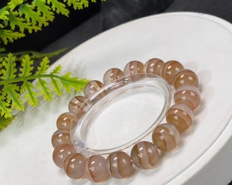 Reddish Brown Striped Agate Beaded Bracelet: 12mm Icy Translucent Sand-like Inclusions