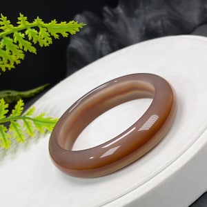 May include: A polished, oval-shaped bracelet in shades of brown and tan. The smooth, glossy surface reflects light, highlighting the natural color variations. The bracelet is displayed on a white surface, with green foliage in the background.
