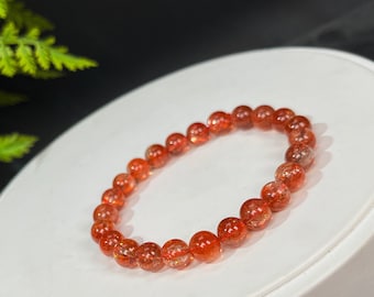 Collector Ultra Rare Fiery Sunstone Beaded Stretch Bracelet 7.5mm Icy Clean Golden Glitters Orange Red Crystal Stacking Bracelet Gifts