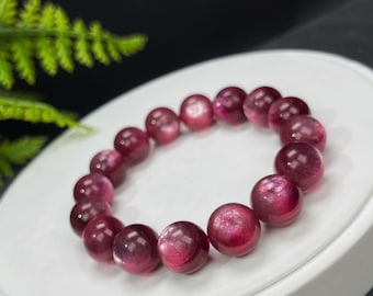 Premium Rare Red Lepidolite Beaded Bracelet 13.5mm Icy Strong Flash Cat&#39;s Eyes Genuine Gemstone Bracelet Calmness Inspiration Women Gifts