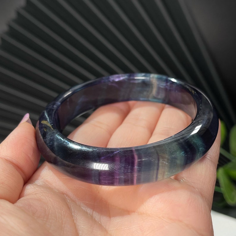 Rare High Grade Translucent Fluorite Bangle Bracelet 61+MM Solid Carved Multicolor Crystal Blue Purple Gradient Special Chakra Gift for Her