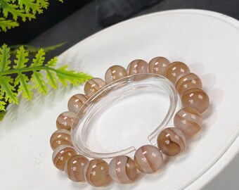 Reddish Brown Striped Agate Beaded Bracelet: 12mm Icy Translucent Sand-like Inclusions