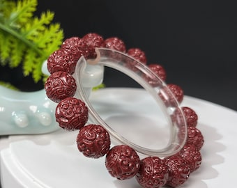High Quality Cinnabar Beaded Bracelet, 12mm Red Round Beads Bracelet, Stretch Bracelet, Chinese Vintage Carved Beads, Handmade Amulet Gifts